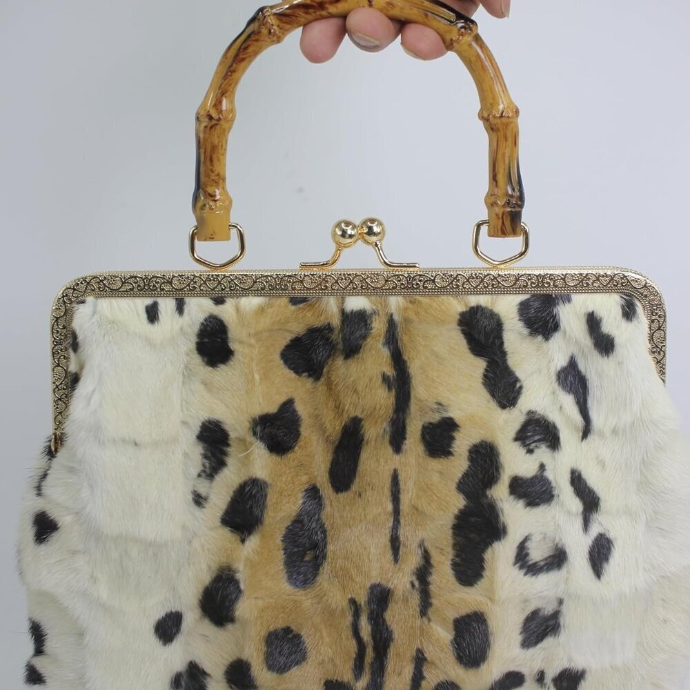 Women's Mink Fur Clutch Animal Print Mini Handbag with Kisslock Closure - Picture 5 of 9